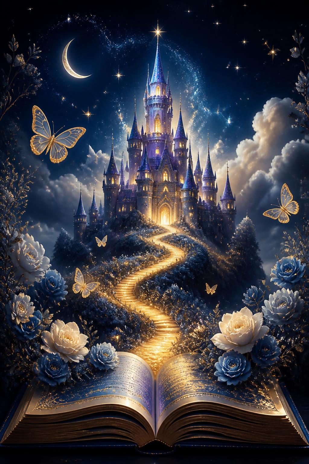 A magical fairytale castle rising from an open storybook, surrounded by blossoms, golden light and butterflies
