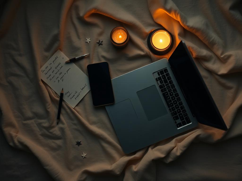 Phone and laptop glowing by candlelight on soft linen