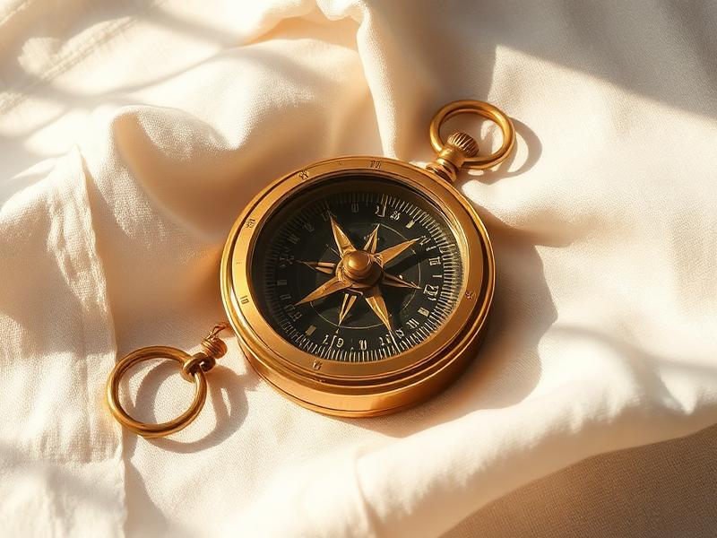 Vintage brass compass on cream linen
