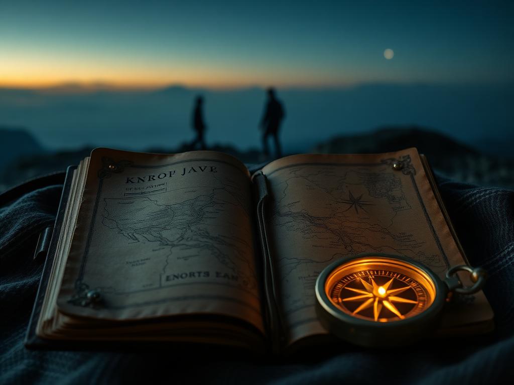 An open travel journal with a hand-drawn map and a glowing compass at dusk